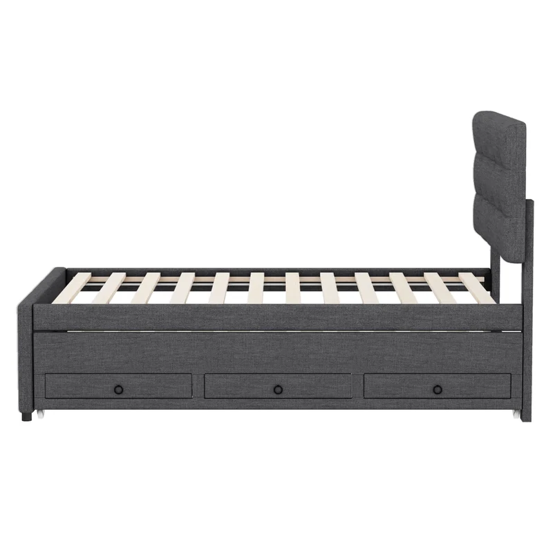 Letto imbottito 90x200 cm con letto estraibile e tre cassetti; testiera regolabile; grigio
