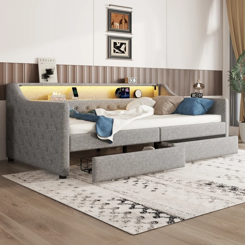 Divano letto 90x200 cm in lino grigio con rete a doghe; cassetti; luce LED e presa USB