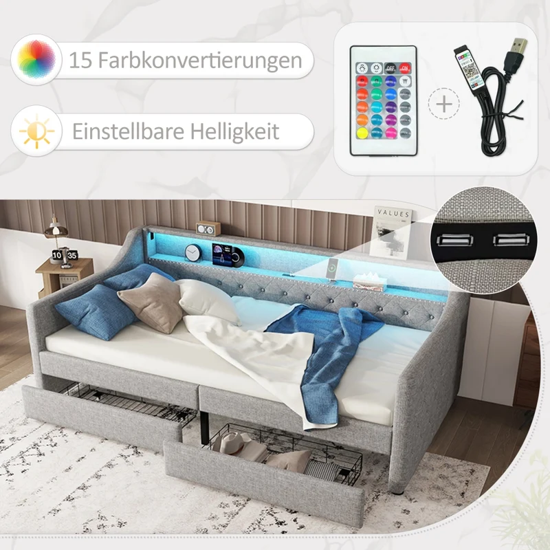 Divano letto 90x200 cm in lino grigio con rete a doghe; cassetti; luce LED e presa USB