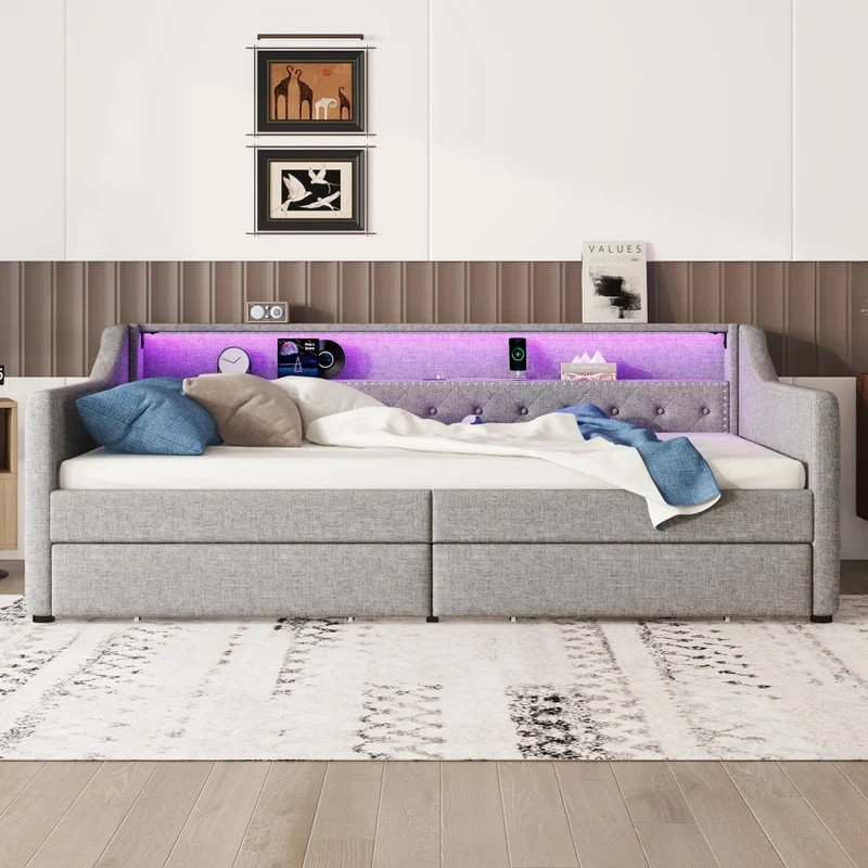 Divano letto 90x200 cm in lino grigio con rete a doghe; cassetti; luce LED e presa USB