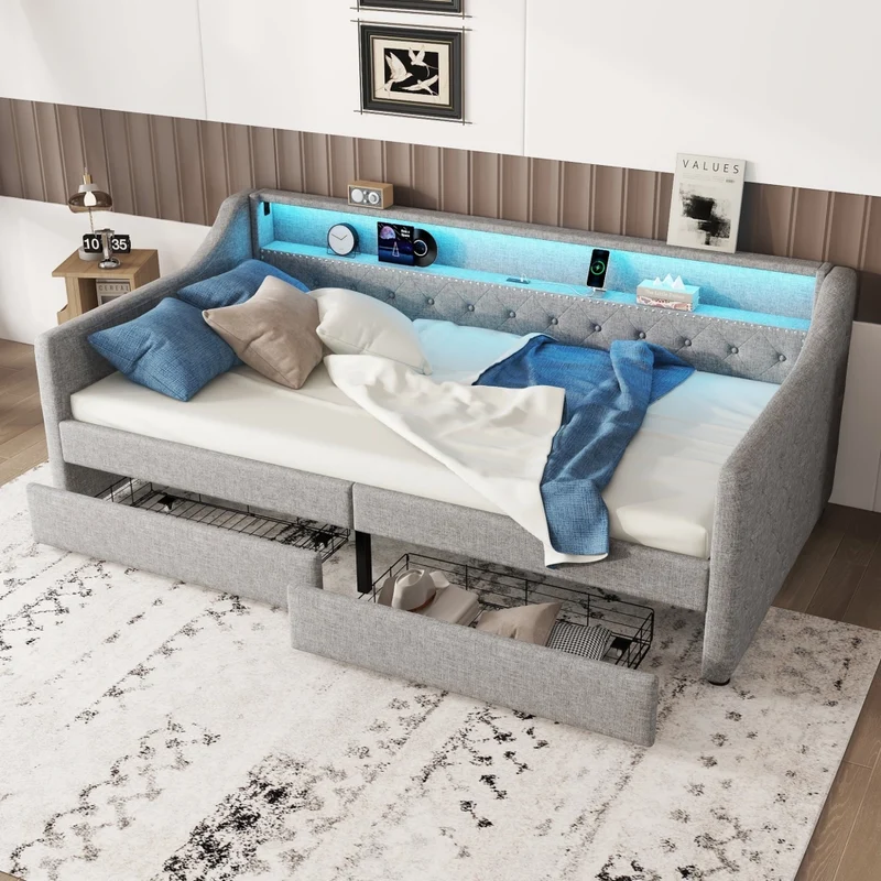 Divano letto 90x200 cm in lino grigio con rete a doghe; cassetti; luce LED e presa USB
