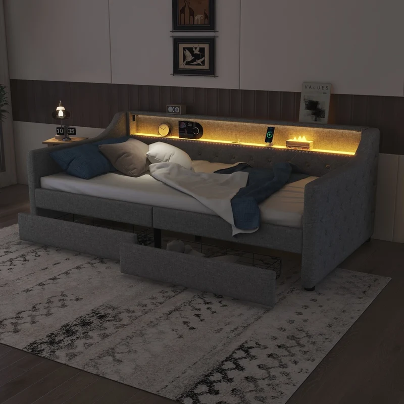 Divano letto 90x200 cm in lino grigio con rete a doghe; cassetti; luce LED e presa USB