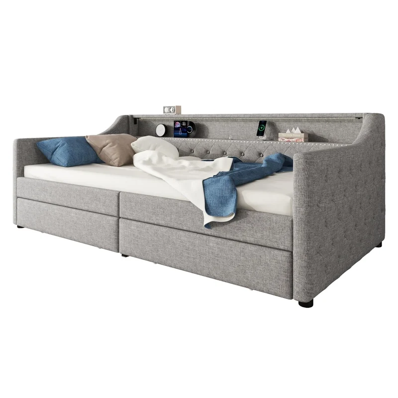 Divano letto 90x200 cm in lino grigio con rete a doghe; cassetti; luce LED e presa USB