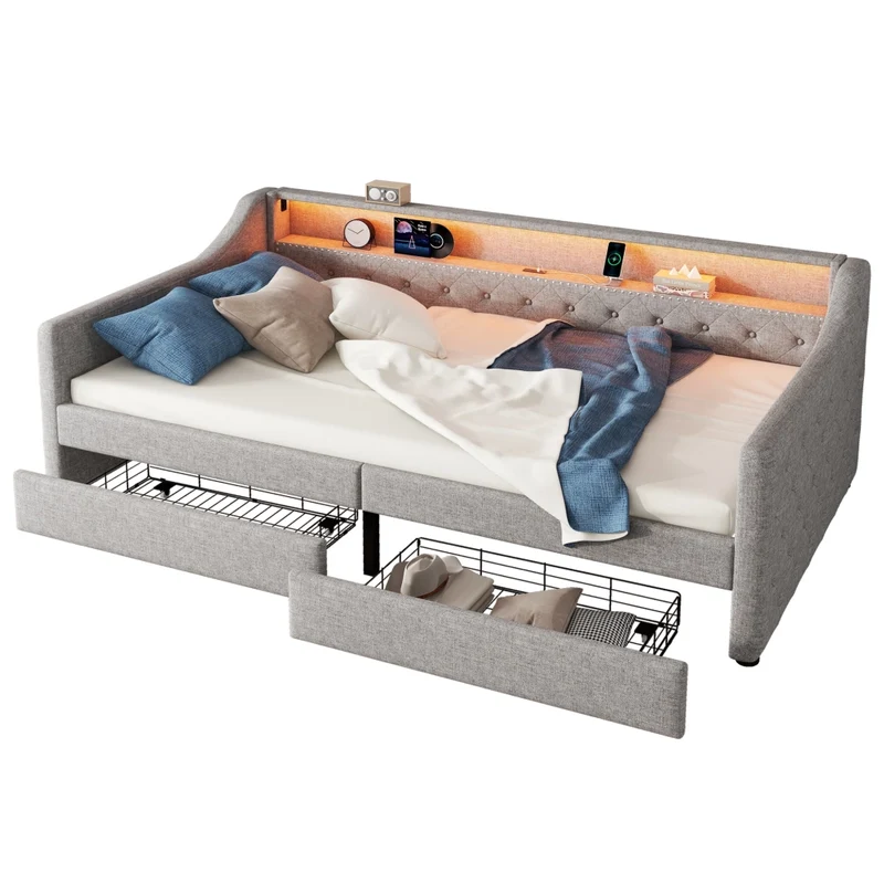 Divano letto 90x200 cm in lino grigio con rete a doghe; cassetti; luce LED e presa USB