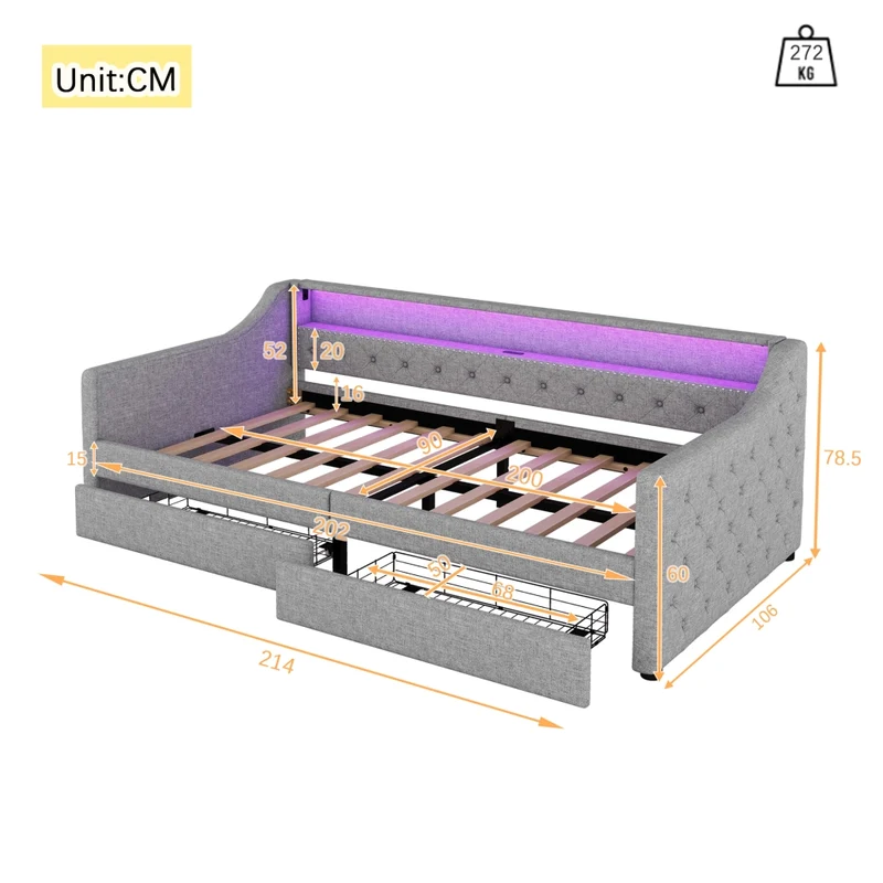 Divano letto 90x200 cm in lino grigio con rete a doghe; cassetti; luce LED e presa USB