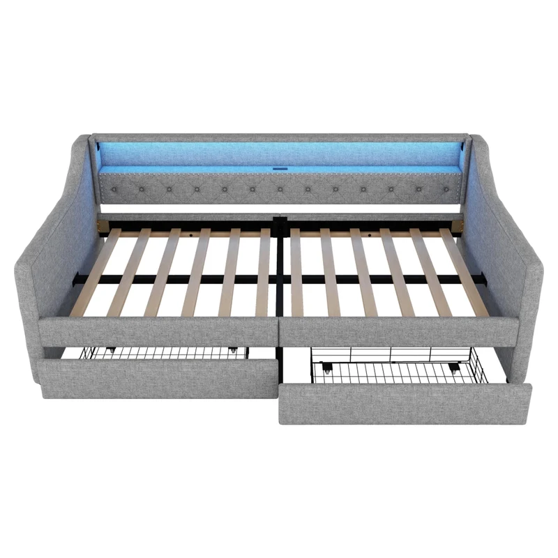 Divano letto 90x200 cm in lino grigio con rete a doghe; cassetti; luce LED e presa USB