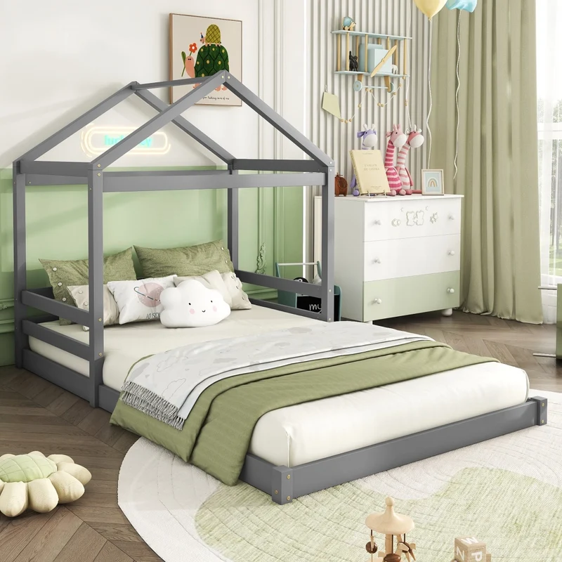Letto a casetta per bambini 140x200 cm; struttura grigia in pino e MDF con rete a doghe