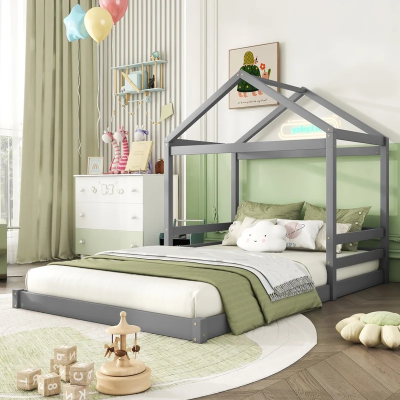 Letto a casetta per bambini 140x200 cm; struttura grigia in pino e MDF con rete a doghe