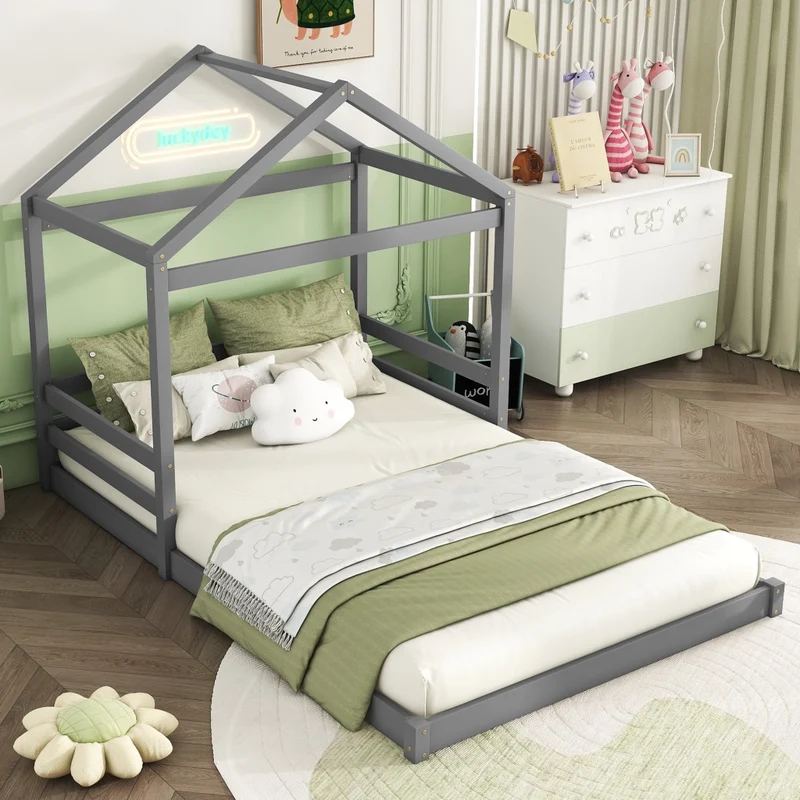 Letto a casetta per bambini 140x200 cm; struttura grigia in pino e MDF con rete a doghe