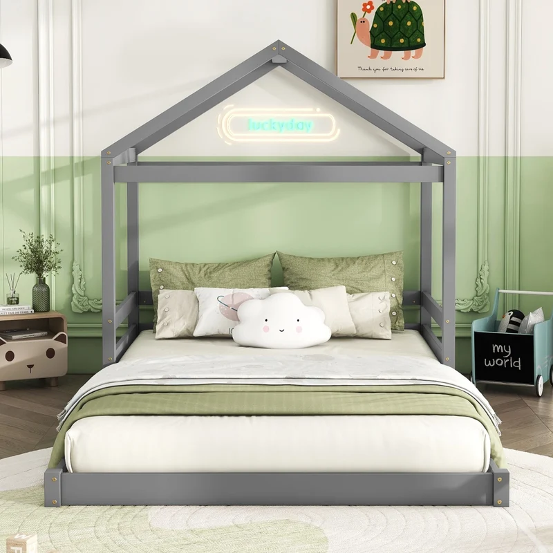 Letto a casetta per bambini 140x200 cm; struttura grigia in pino e MDF con rete a doghe