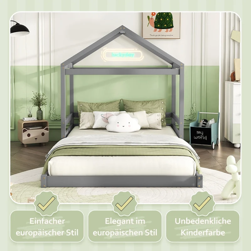 Letto a casetta per bambini 140x200 cm; struttura grigia in pino e MDF con rete a doghe