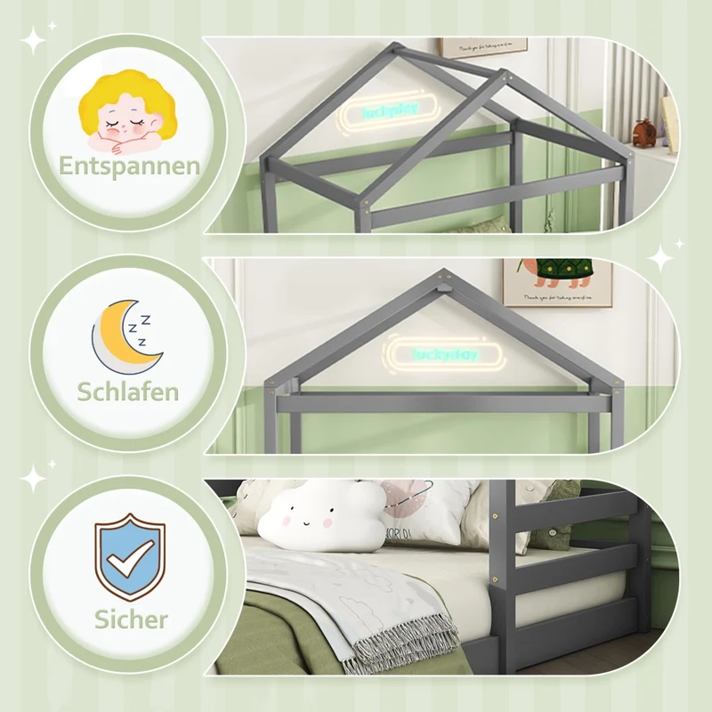 Letto a casetta per bambini 140x200 cm; struttura grigia in pino e MDF con rete a doghe
