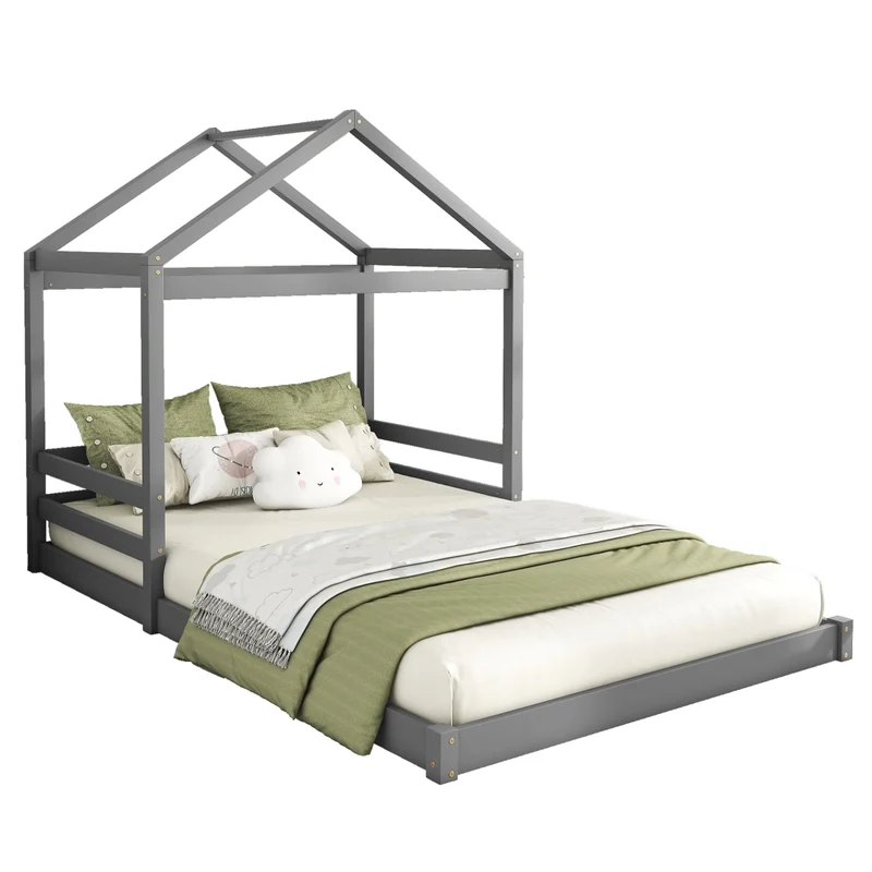 Letto a casetta per bambini 140x200 cm; struttura grigia in pino e MDF con rete a doghe