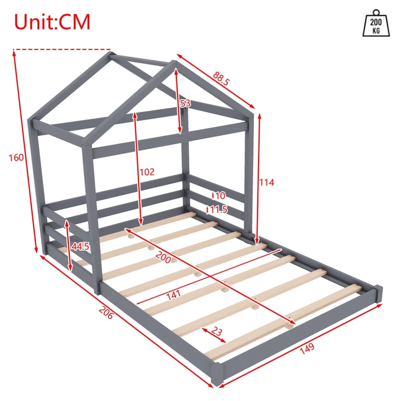 Letto a casetta per bambini 140x200 cm; struttura grigia in pino e MDF con rete a doghe