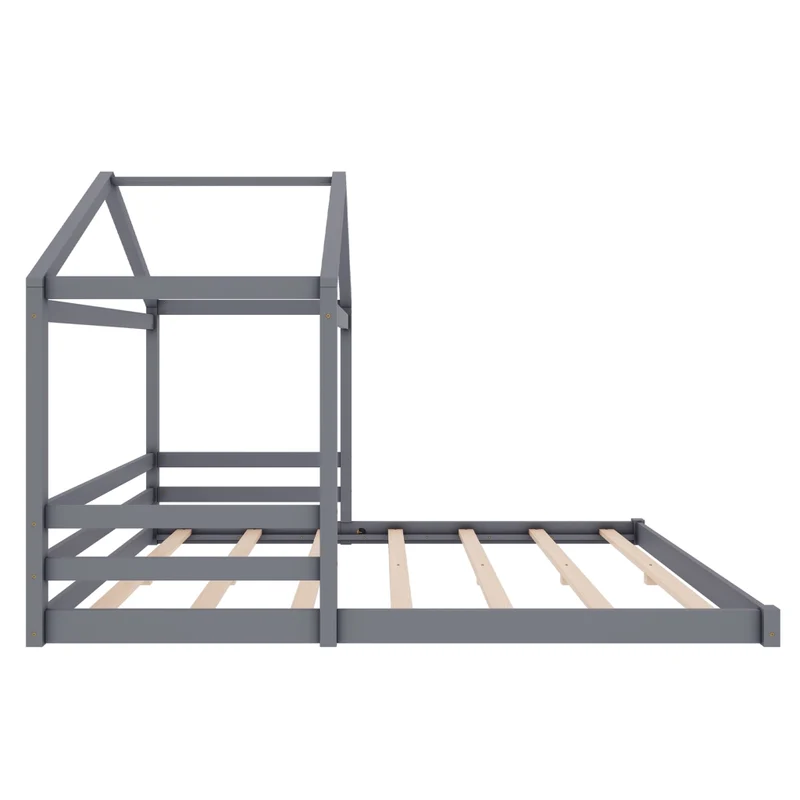 Letto a casetta per bambini 140x200 cm; struttura grigia in pino e MDF con rete a doghe