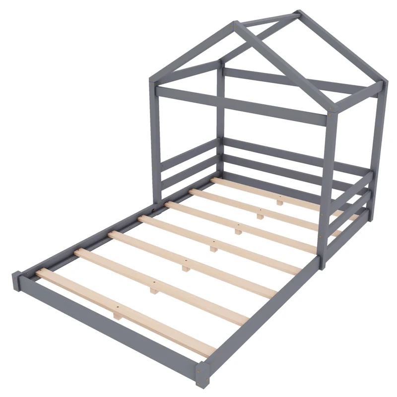 Letto a casetta per bambini 140x200 cm; struttura grigia in pino e MDF con rete a doghe