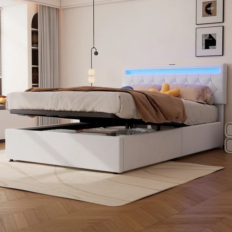 Letto imbottito 140x200 cm con contenitore; LED multicolore e prese USB; bianco
