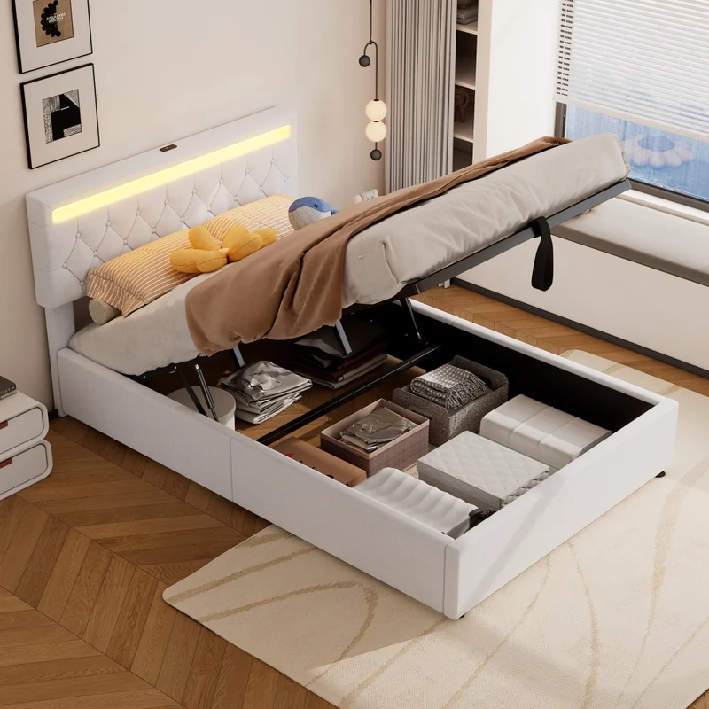 Letto imbottito 140x200 cm con contenitore; LED multicolore e prese USB; bianco