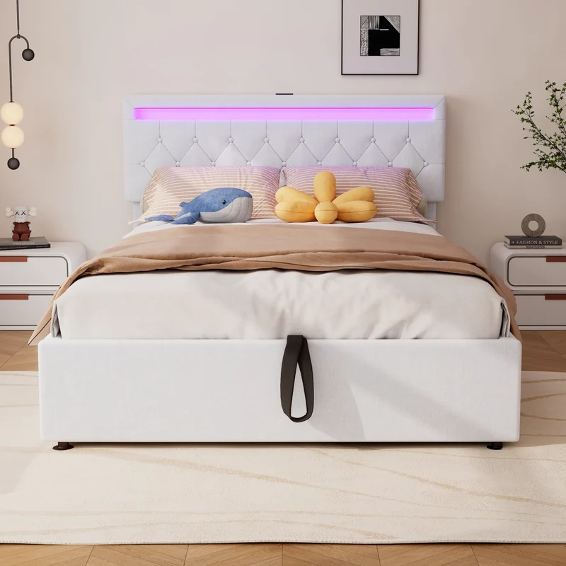 Letto imbottito 140x200 cm con contenitore; LED multicolore e prese USB; bianco