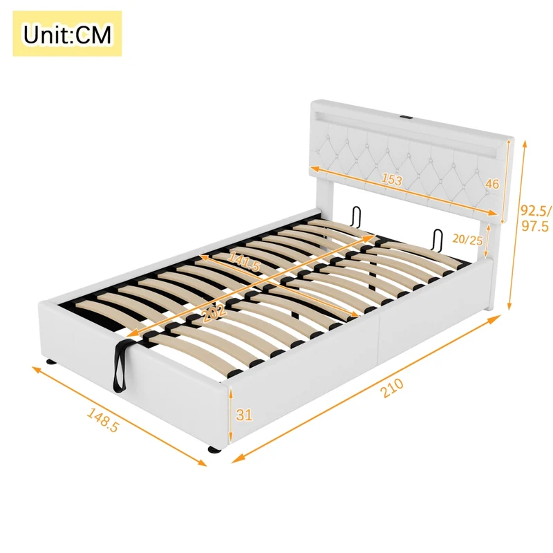 Letto imbottito 140x200 cm con contenitore; LED multicolore e prese USB; bianco