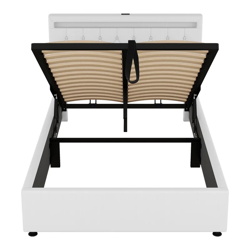 Letto imbottito 140x200 cm con contenitore; LED multicolore e prese USB; bianco