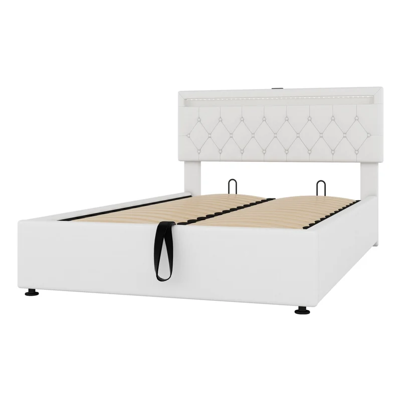 Letto imbottito 140x200 cm con contenitore; LED multicolore e prese USB; bianco