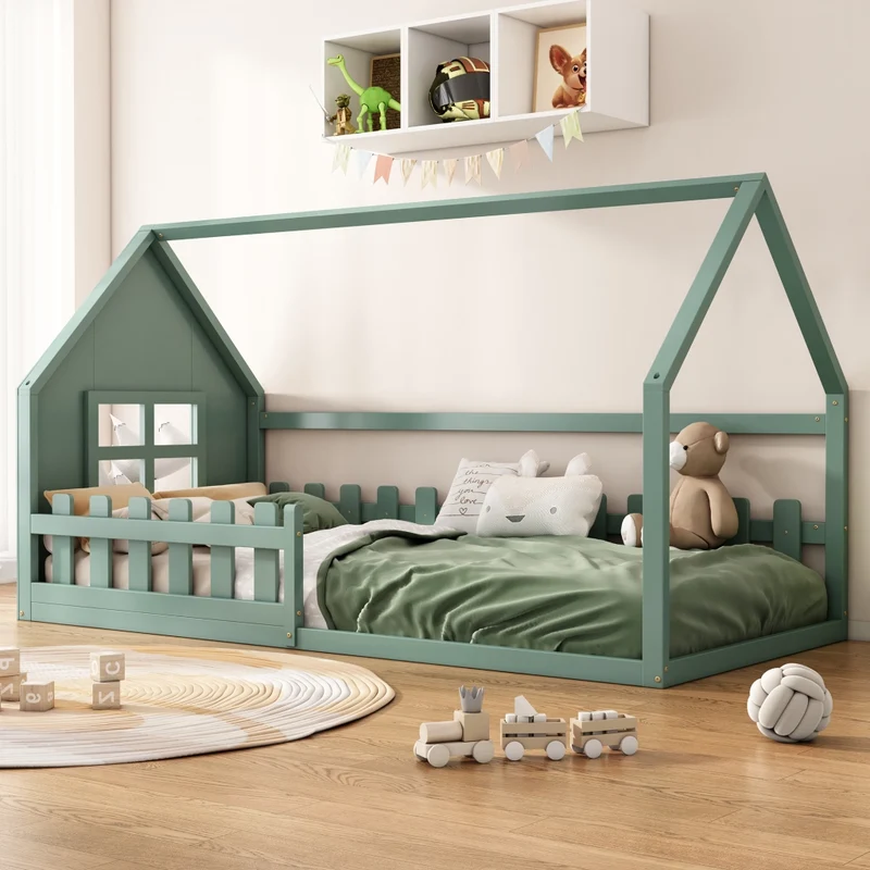 Letto casetta per bambini 90x200 cm in pino e MDF; verde per cameretta