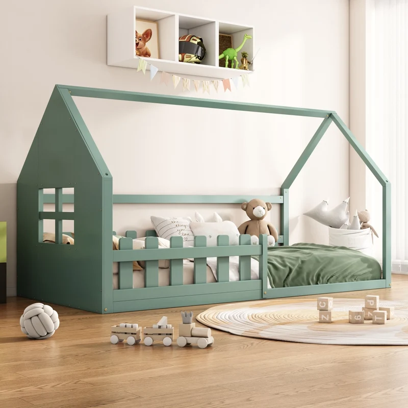 Letto casetta per bambini 90x200 cm in pino e MDF; verde per cameretta