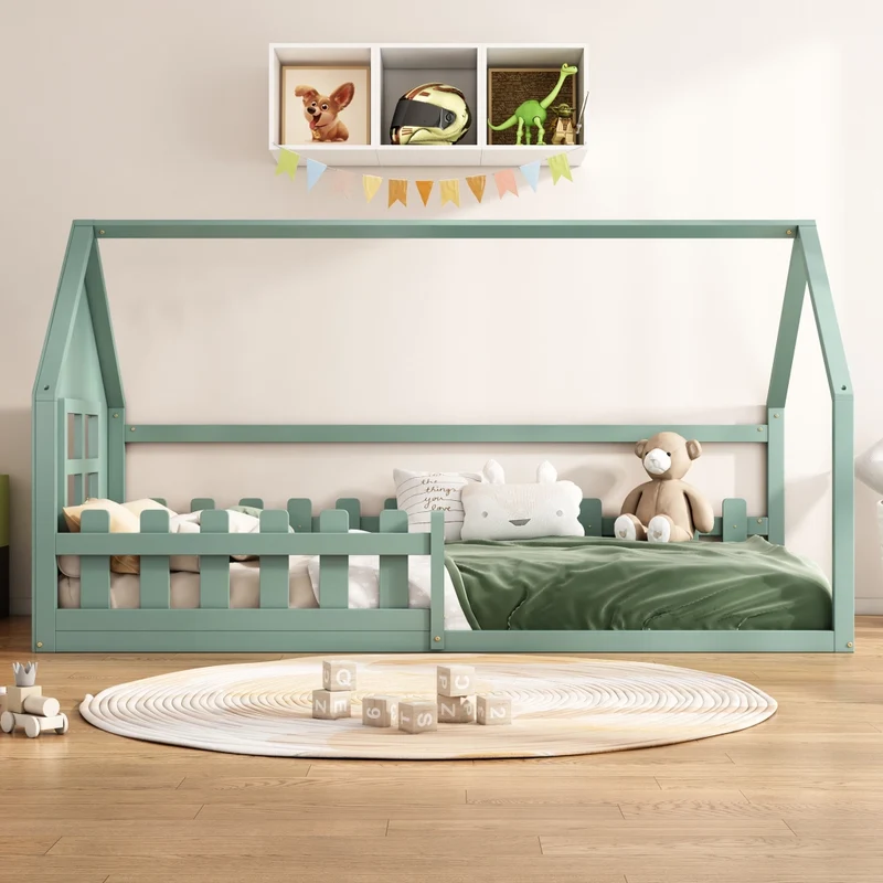Letto casetta per bambini 90x200 cm in pino e MDF; verde per cameretta