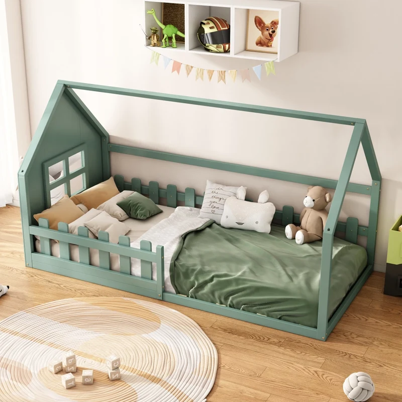 Letto casetta per bambini 90x200 cm in pino e MDF; verde per cameretta