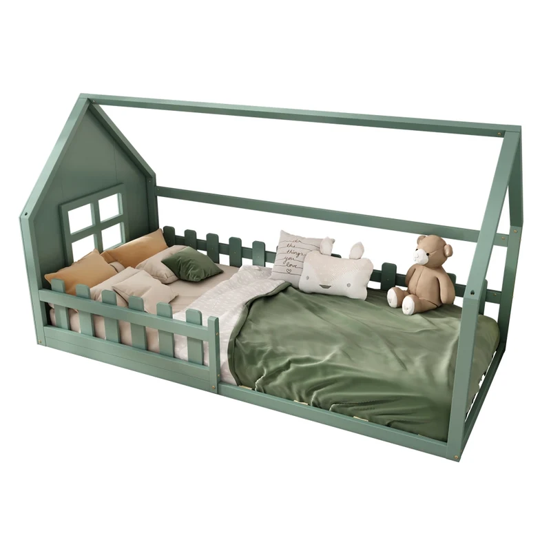 Letto casetta per bambini 90x200 cm in pino e MDF; verde per cameretta