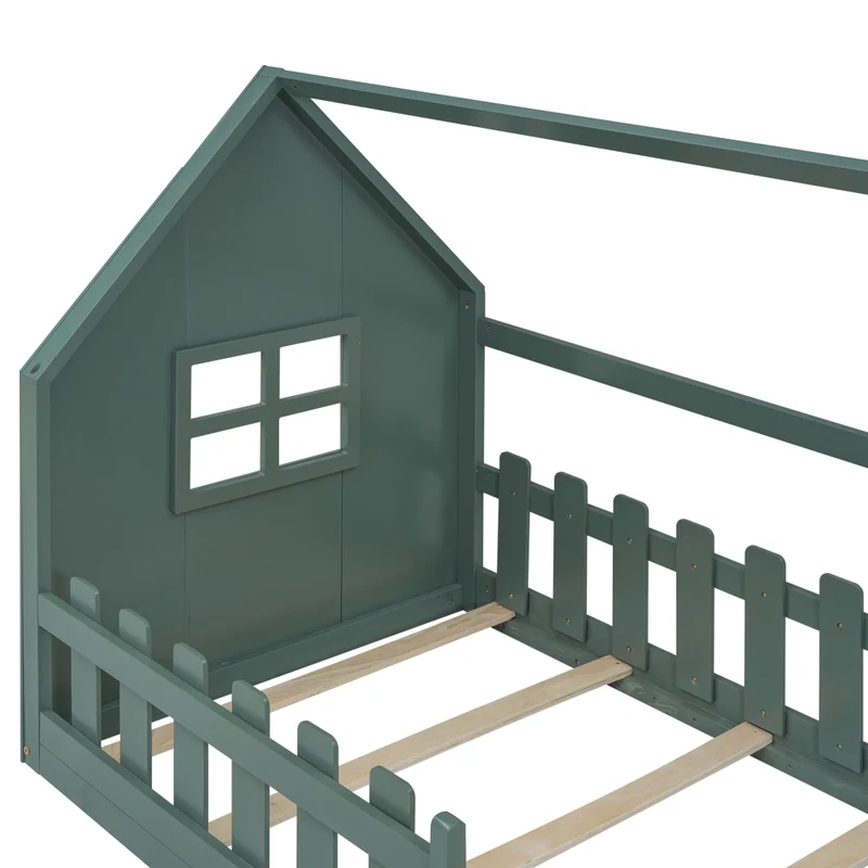 Letto casetta per bambini 90x200 cm in pino e MDF; verde per cameretta