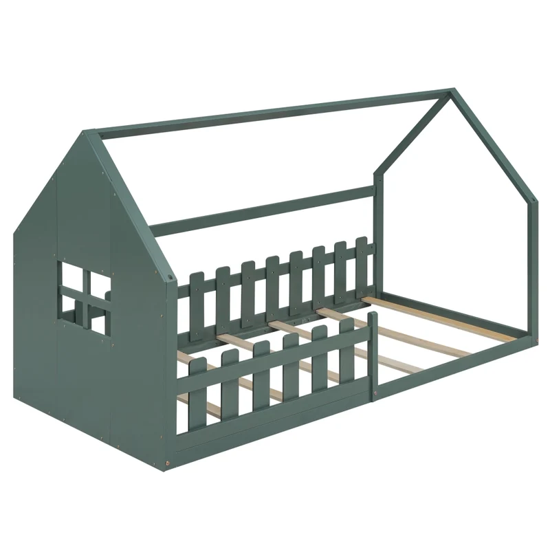 Letto casetta per bambini 90x200 cm in pino e MDF; verde per cameretta