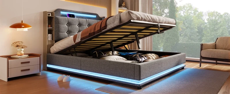 Letto imbottito 140x200 cm con contenitore idraulico e striscia LED; lino grigio