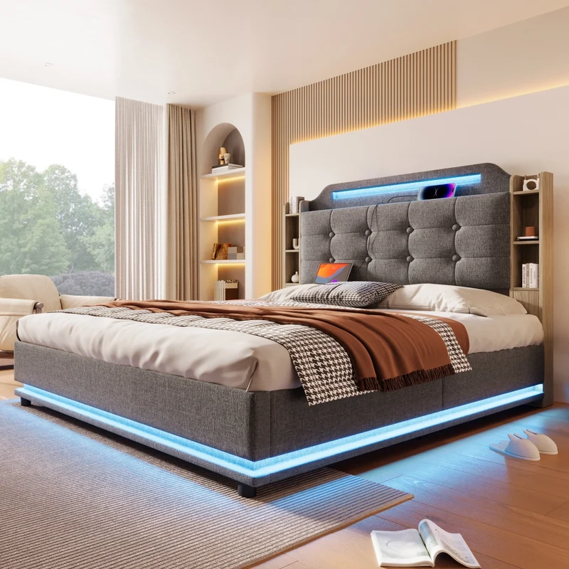 Letto imbottito 140x200 cm con contenitore idraulico e striscia LED; lino grigio