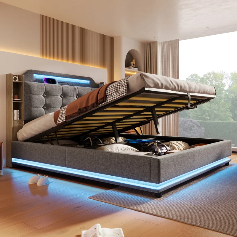 Letto imbottito 140x200 cm con contenitore idraulico e striscia LED; lino grigio