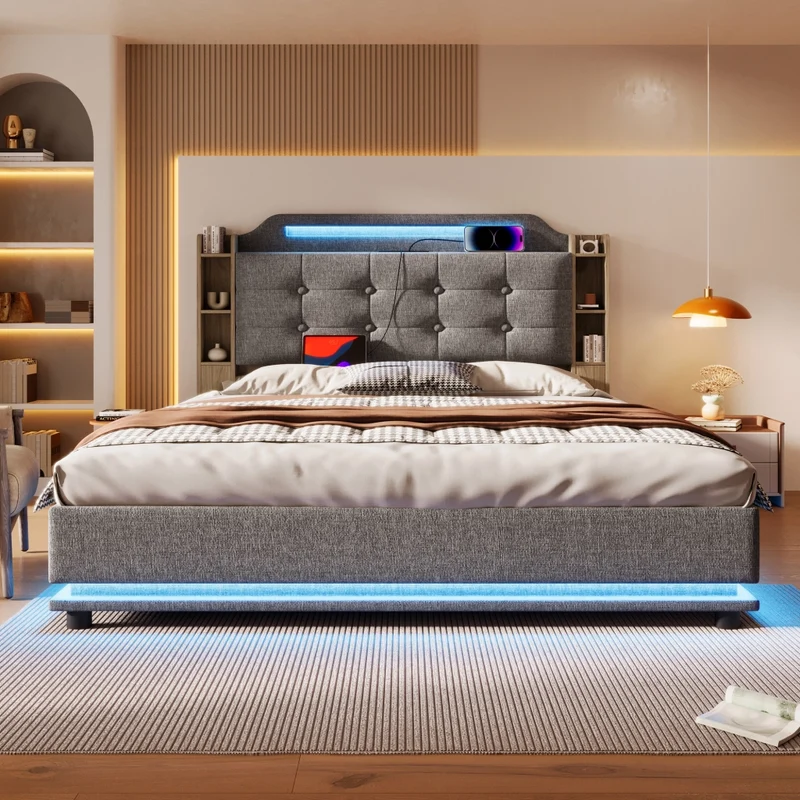Letto imbottito 140x200 cm con contenitore idraulico e striscia LED; lino grigio