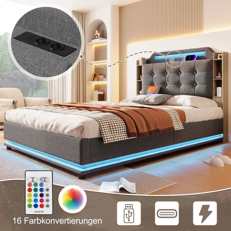 Letto imbottito 140x200 cm con contenitore idraulico e striscia LED; lino grigio