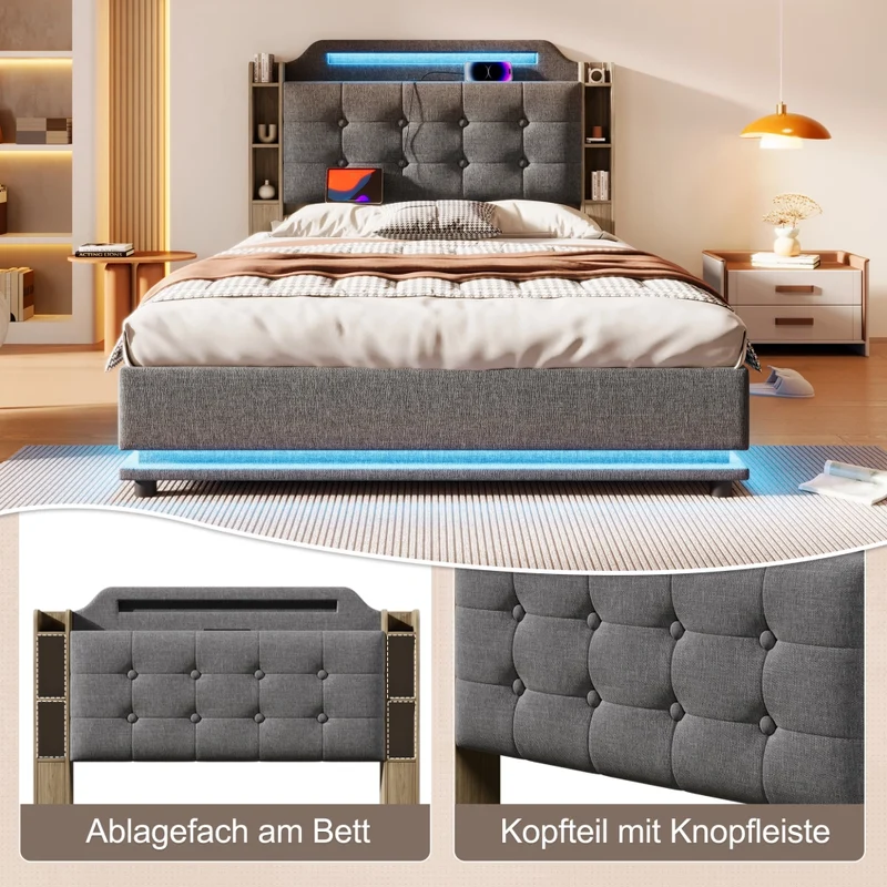 Letto imbottito 140x200 cm con contenitore idraulico e striscia LED; lino grigio