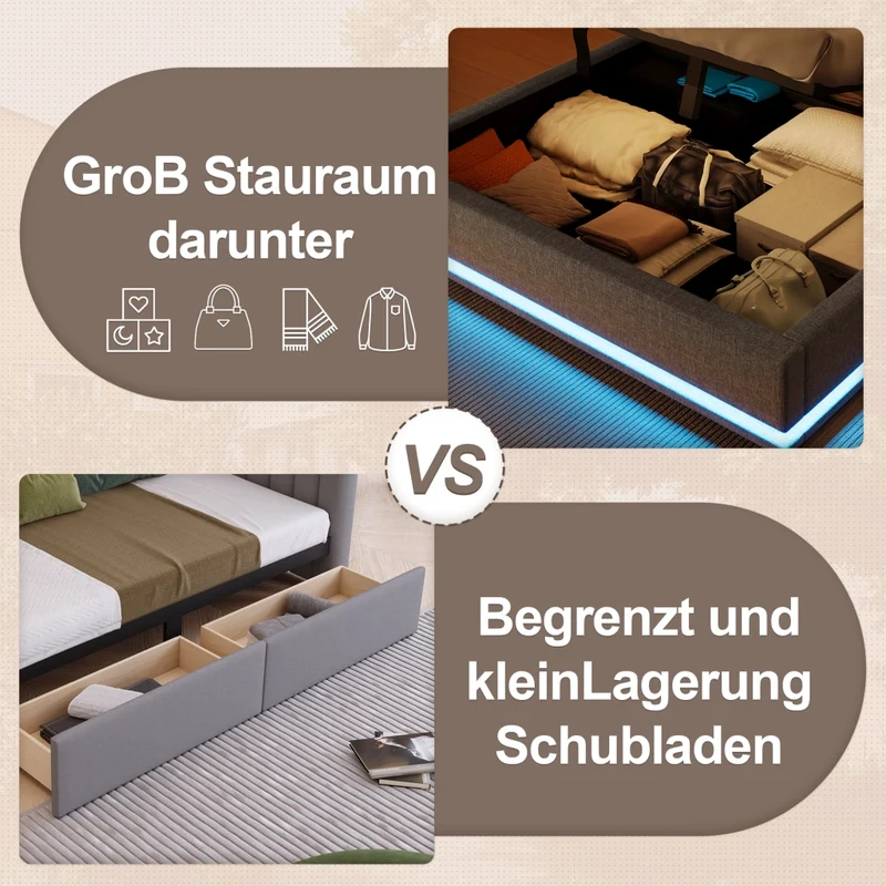 Letto imbottito 140x200 cm con contenitore idraulico e striscia LED; lino grigio
