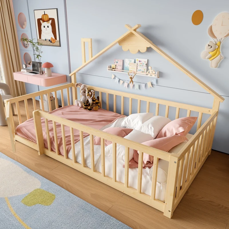 Letto casetta per bambini 90x190 cm in legno di pino; con sponda di sicurezza; naturale