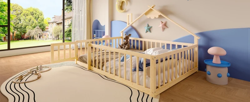 Letto casetta per bambini 90x190 cm in legno di pino; con sponda di sicurezza; naturale