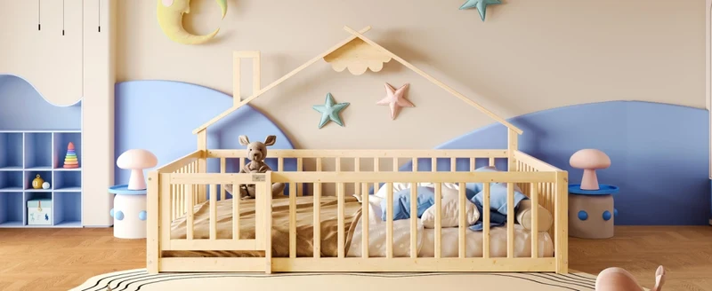 Letto casetta per bambini 90x190 cm in legno di pino; con sponda di sicurezza; naturale