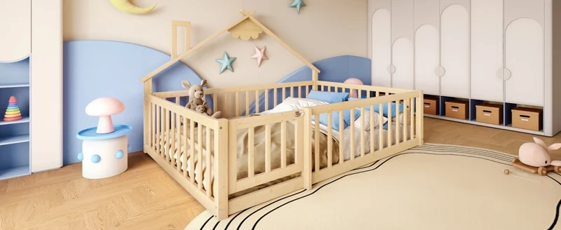 Letto casetta per bambini 90x190 cm in legno di pino; con sponda di sicurezza; naturale