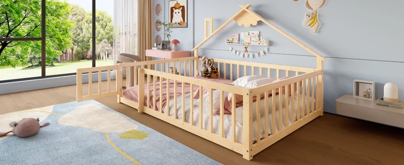 Letto casetta per bambini 90x190 cm in legno di pino; con sponda di sicurezza; naturale
