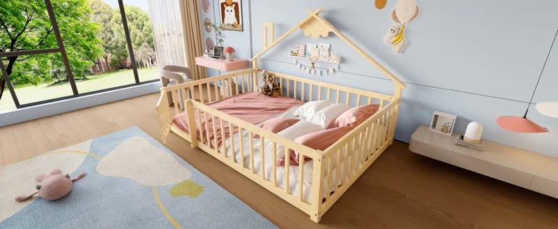 Letto casetta per bambini 90x190 cm in legno di pino; con sponda di sicurezza; naturale