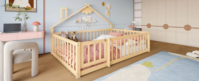 Letto casetta per bambini 90x190 cm in legno di pino; con sponda di sicurezza; naturale