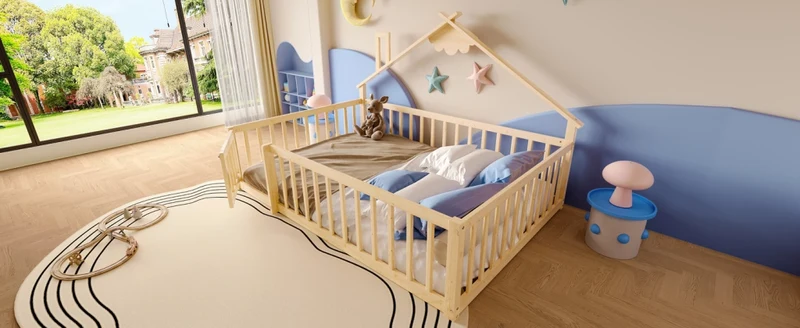 Letto casetta per bambini 90x190 cm in legno di pino; con sponda di sicurezza; naturale