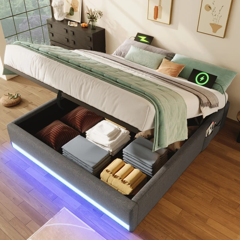 Letto imbottito 140x200 cm con contenitore idraulico; LED multicolore e prese USB Tipo-C; grigio