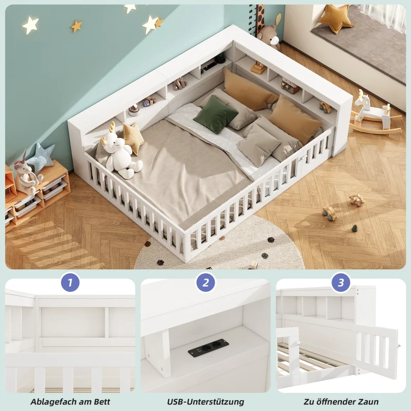 Letto 140x200 cm con rete a doghe; vano laterale; prese USB e sponda ribaltabile; bianco